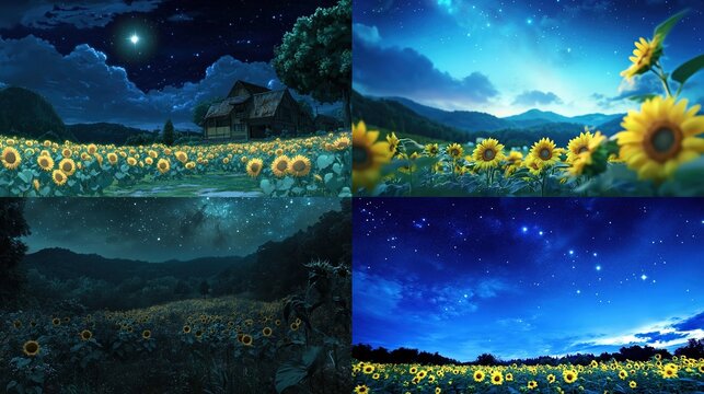 Four scenic sunflower field views at night.