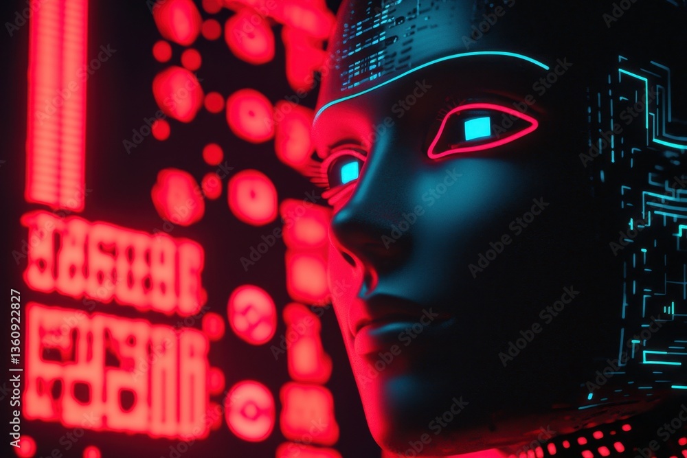 Poster a futuristic robot head with glowing features against a backdrop of digital data and symbols, convey