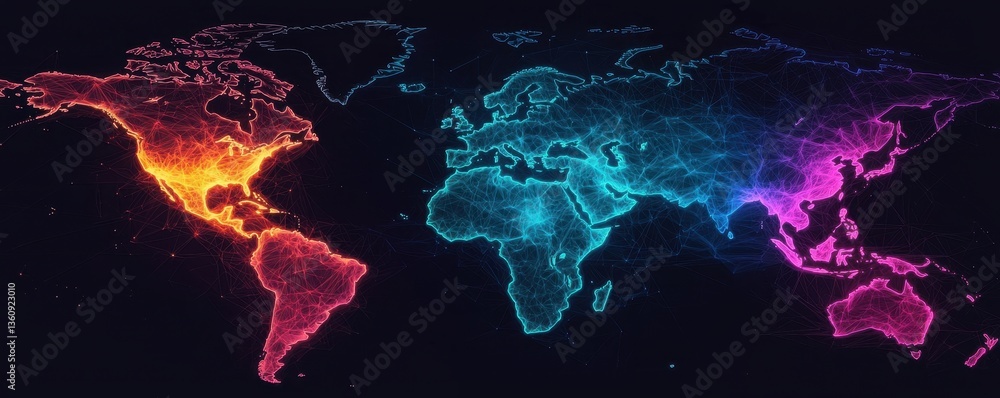 Poster a vibrant digital map of the world, featuring colorful lines representing connections across regions