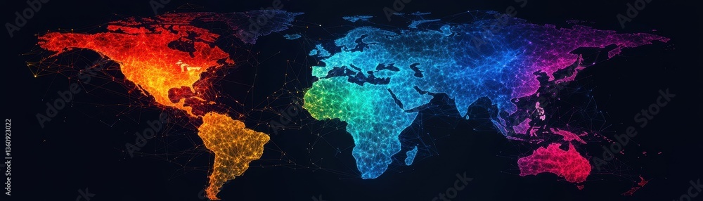 Poster a vibrant, digital map of the world, showcasing intricate lines and colors, representing global conn
