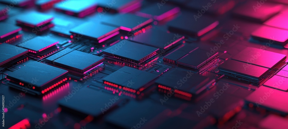 Poster a vibrant close-up of a circuit board featuring interconnected microchips, illuminated by a dynamic 
