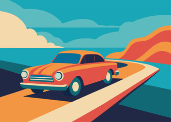Vintage Journey: An orange vintage car embarks on a picturesque journey along a winding road, set against a backdrop of vibrant skies and serene waters.