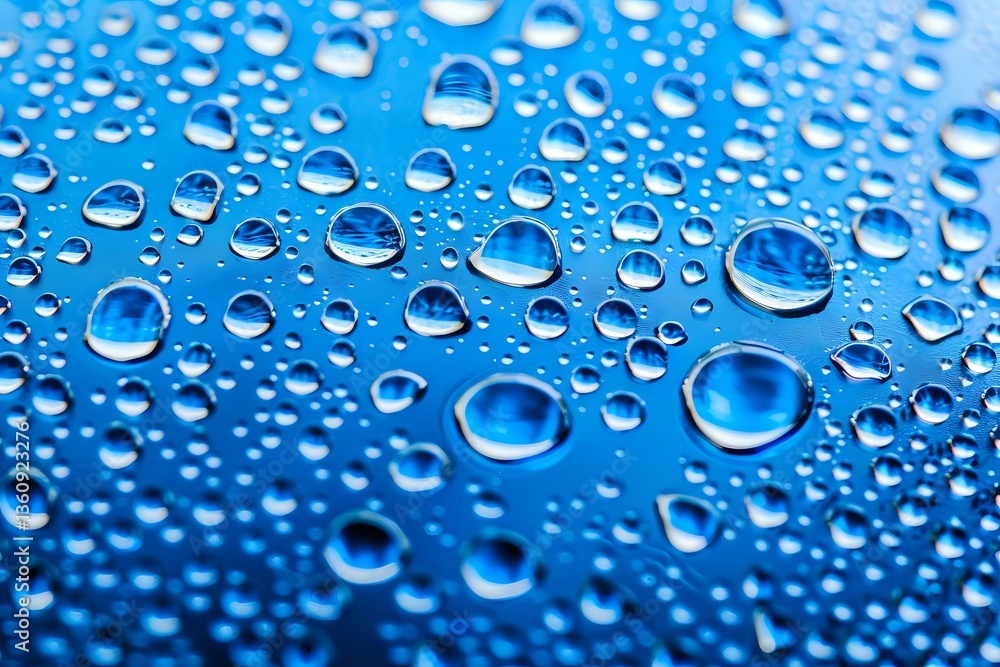 Poster pure water drops on blue surface create natural pattern with various sized spherical droplets showin