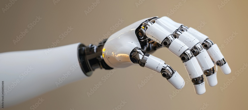 Poster a robotic hand with articulated fingers, showcasing advanced technology and design, symbolizing inno