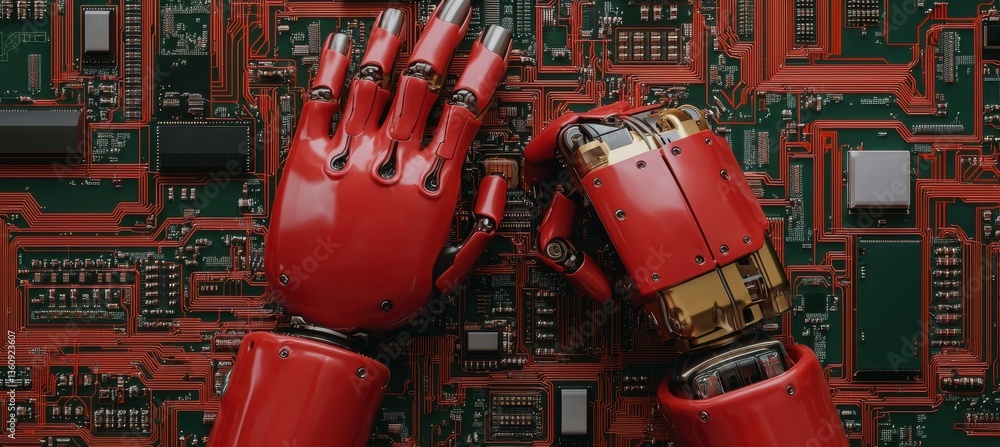 Poster a close-up of robotic hands on a circuit board, showcasing the intersection of technology and mechan