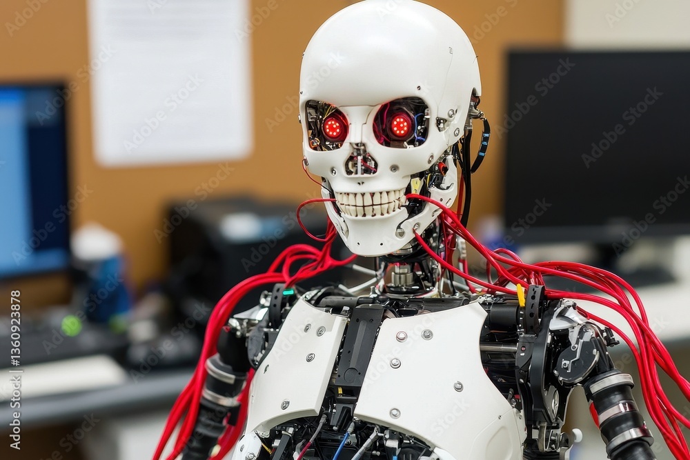 Poster a robotic figure with a skeletal design and illuminated red eyes, surrounded by technology in a work