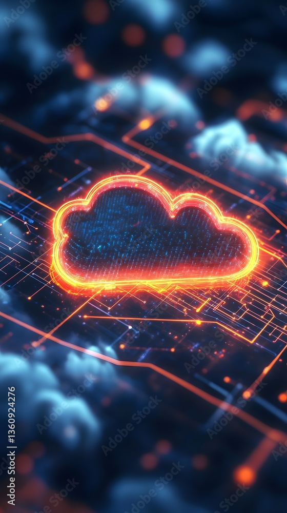 Poster Cloud computing, digital cloud technology, futuristic data storage and transfer concept