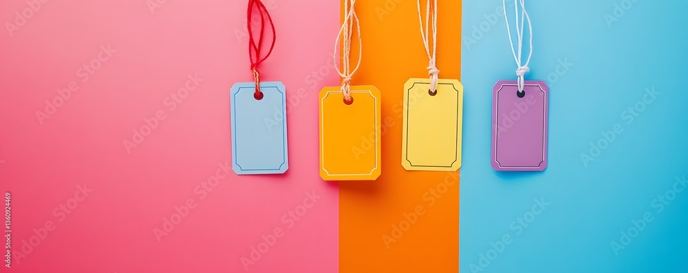 Poster Four colorful labels hanging on strings over a vibrant multicolored background