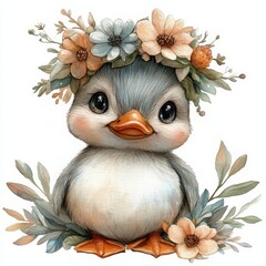Obraz premium Whimsical duckling adorned with a flower crown floats gracefully on a pure white backdrop evoking a charming Easter moment with soothing pastel hues. This design radiates warmth and coziness