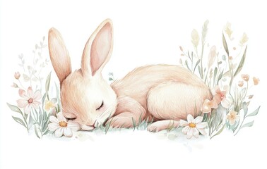Cute sleeping rabbit in a field of flowers with soft pastel colors, representing peace and tranquility in nature Ideal for springtime themes