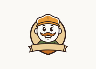 Smiling Mascot: A cheerful mascot illustration, featuring a happy character with a friendly mustache and cap, is ready to brighten your day!