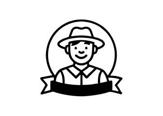 A Portrait of Simplicity: a minimalistic illustration of a man, possibly an explorer, framed by a classic circle and banner element, and all in clean black and white. 