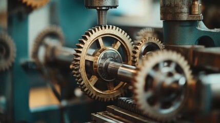 Close-up of intricate brass gears interlocked on a vintage industrial machine.
