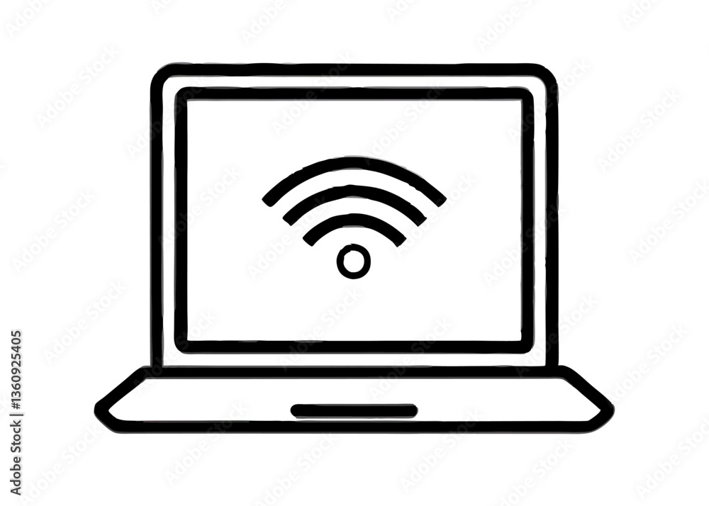 Poster digital connectivity: an outline of a laptop displaying a wifi signal icon, symbolizing the ubiquito