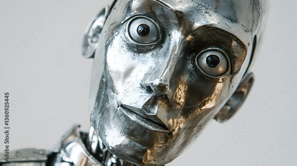 Poster metallic robot expressing curiosity with wide eyes and tilted head