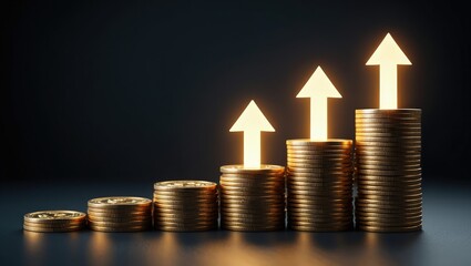 Growth money business increase finance profit on 3d investment background with coin stock wealth arrow graph. Financial economy concept rise gold strategy cash currency. Success market economic budget