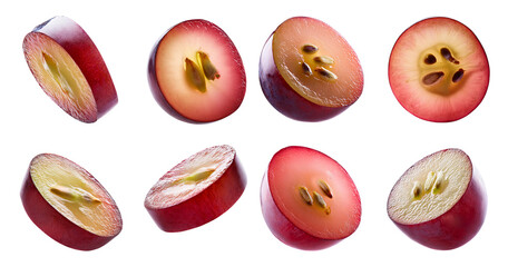 Juicy Red Grapes Cut Open Revealing Seeds and Flesh Inside, isolated on transparent background