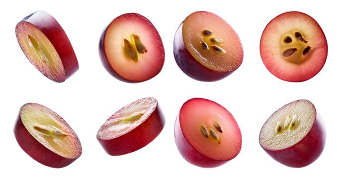 Juicy Red Grapes Cut Open Revealing Seeds and Flesh Inside, isolated on transparent background