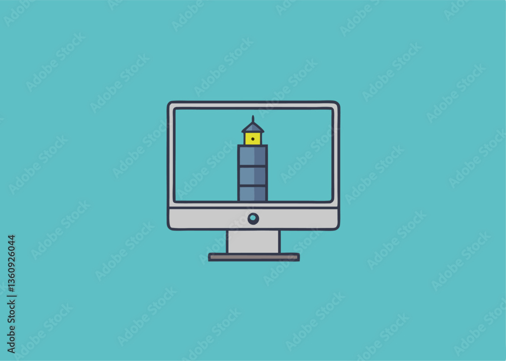 Poster digital beacon: a stylized illustration of a lighthouse within a computer monitor, representing guid