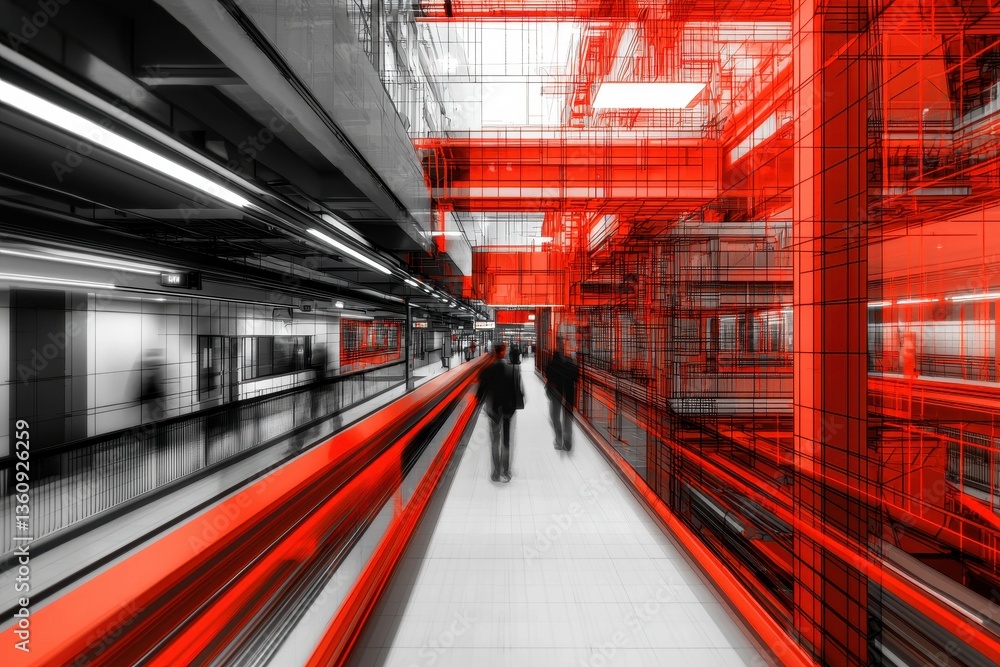 Poster a futuristic corridor with abstract red and black lines, depicting an architectural design with peop