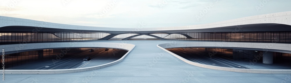 Aufkleber a futuristic architectural design featuring sweeping curves and open spaces, set against a serene sk