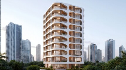 Fototapeta premium A modern, uniquely designed building stands amid urban skyscrapers, showcasing a blend of contemporary architecture and green surroundings.