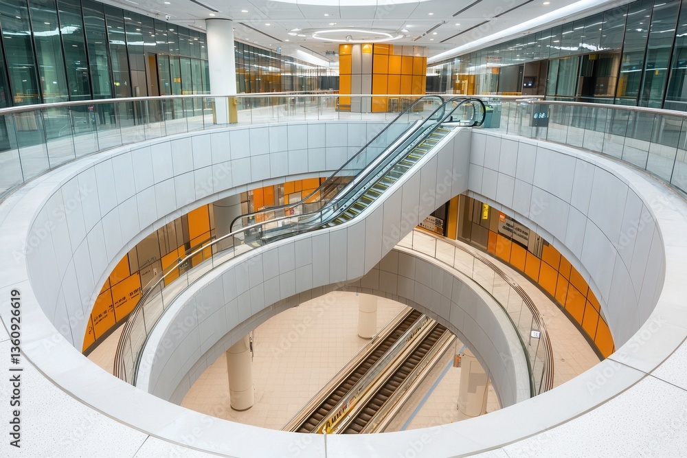Poster modern architectural design featuring a spiral escalator within a circular atrium, showcasing sleek 