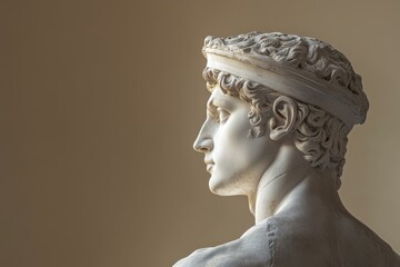 Classical Sculpture Profile: Head of Young Man with Curly Hair and Headband, Serene Expression, Marble Texture, Against Beige Background