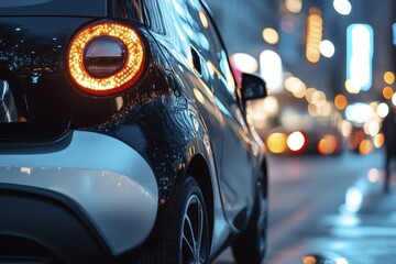 Naklejka premium Electric car rear light, city reflections on glossy surface, abstract blurred lights, nighttime urban scene