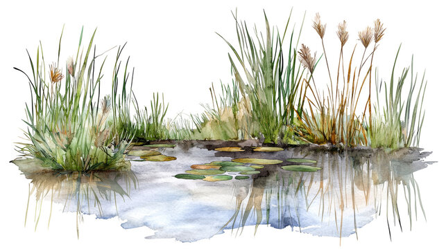 Atmospheric watercolor of a freshwater wetland