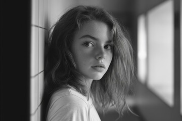 Naklejka premium Pensive Girl with Freckles Leans Against Wall in Black and White - Quiet, Serene, Portrait