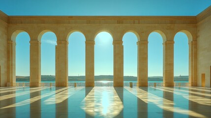 Fototapeta premium Sunlit classical colonnade overlooking calm sea.