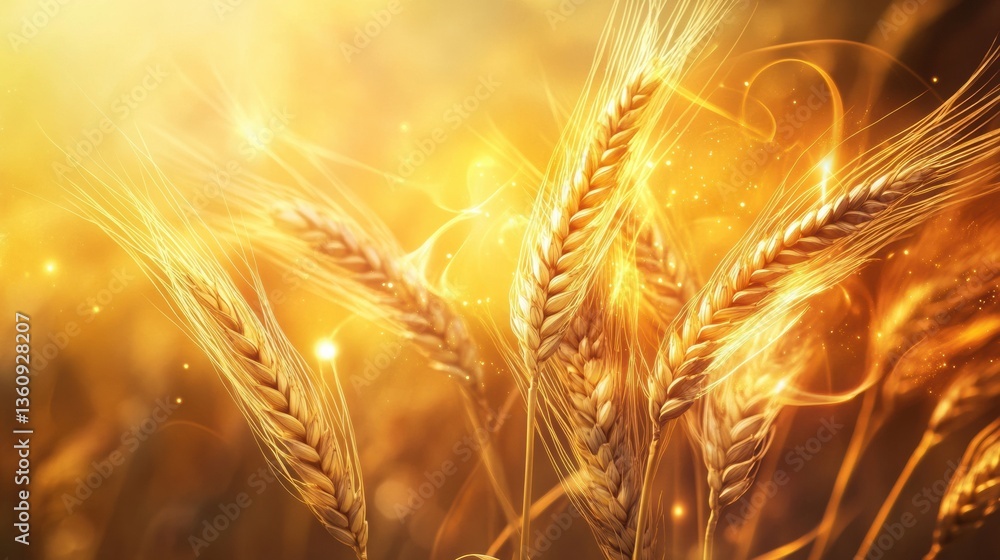Poster golden wheat transforms into glowing energy waves in a dreamy surreal landscape at sunset generative