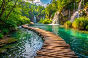 Fototapeta premium Waterfall cascading through a lush green forest park with rocks and a stream flowing towards a tranquil lake under a clear sky