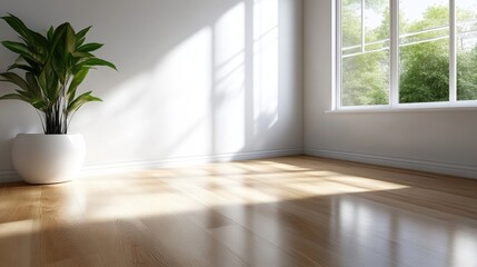 Bright, empty room with natural light.  Sunlight streams through a large window, highlighting a light-colored wooden floor and a modern, white planter with a houseplant