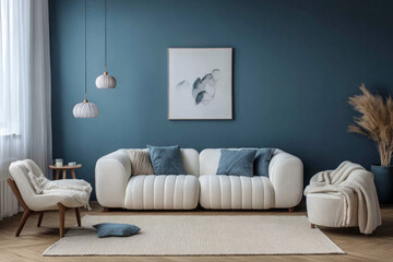 A cozy corner featuring a modern-shaped armchair, a decorative cushion, a side table with ceramics, and natural light streaming through the curtains.
