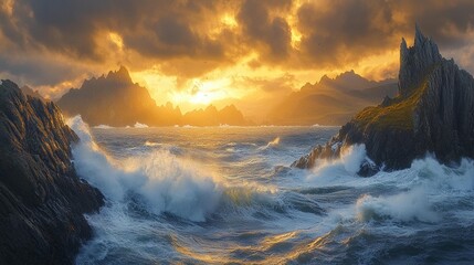 Fototapeta premium Dramatic sunset over a rocky coastline with crashing waves.