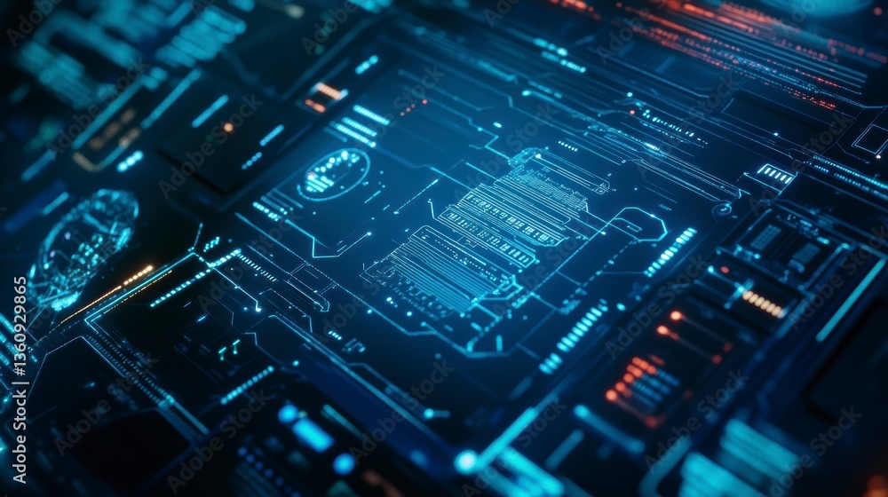 Poster Abstract digital circuitry with glowing lines and data streams.