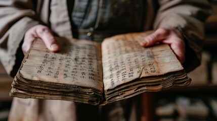 Naklejka premium An ancient manuscript held gently in hands showcasing intricate calligraphy and historical tex
