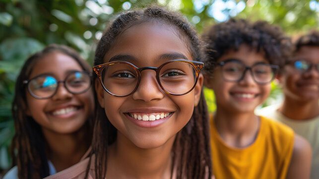 A diverse group of young teenagers smile.
