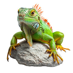 Obraz premium A Bright Green Iguana Basking on a Rock Isolated on Transparent Background