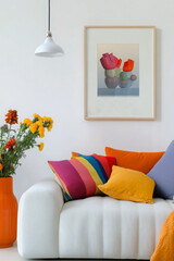 Bright and cozy living room with a modern white sofa adorned with colorful cushions and throw blankets. Vibrant flowers and geometric wall art complete the lively, welcoming atmosphere. 