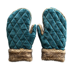 Quilted Teal Mittens with Faux Fur Trim Isolated on Transparent Background