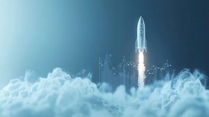 Fototapeta premium Rocket Launching Over Bar Graphs Symbolizing Growth, A stylized illustration of a rocket launching upward, symbolizing growth and success