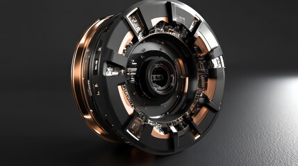 Close-up of a complex, metallic, circular mechanism with copper accents against a dark background.