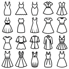 Vector set of fashion clothes icons illustration featuring dress, shirt, jacket, pants, skirt, coat, t-shirt, jeans, and suit designs