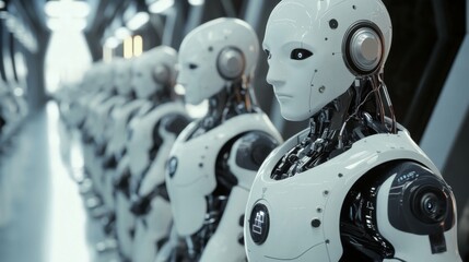 Fototapeta premium A lineup of sleek, white humanoid robots in a high-tech environment, emphasizing the advancements in technology and the intriguing future of artificial intelligence and robotics.