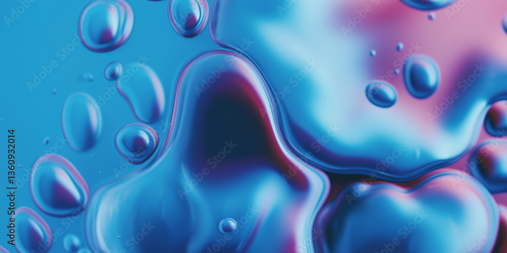 Poster abstract blue and pink metallic liquid forming bubbles and blobs