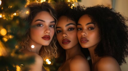 Fototapeta premium This elegant image features three beautiful models posing together amid soft lights, showcasing beauty, confidence, and the joyous spirit of the festive season.