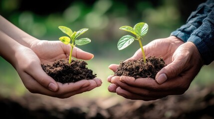 Hands holding fresh lusty green plant sprout. Earth Day theme background wallpaper.